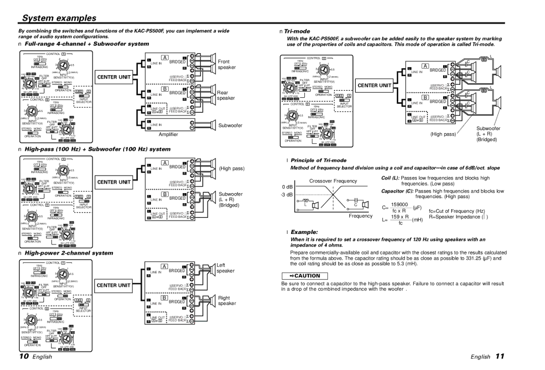 Kenwood KAC-PS500F System examples, Full-range 4-channel + Subwoofer system Tri-mode, Example, High-power 2-channel system 