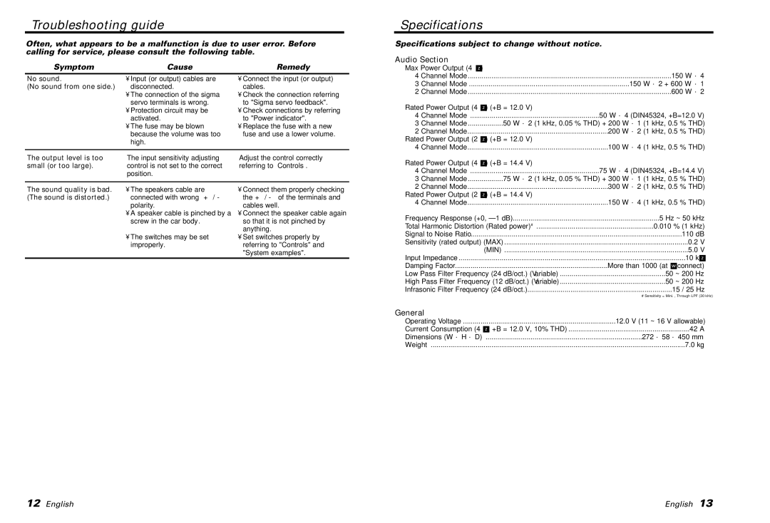 Kenwood KAC-PS500F instruction manual Troubleshooting guide, Specifications, General 