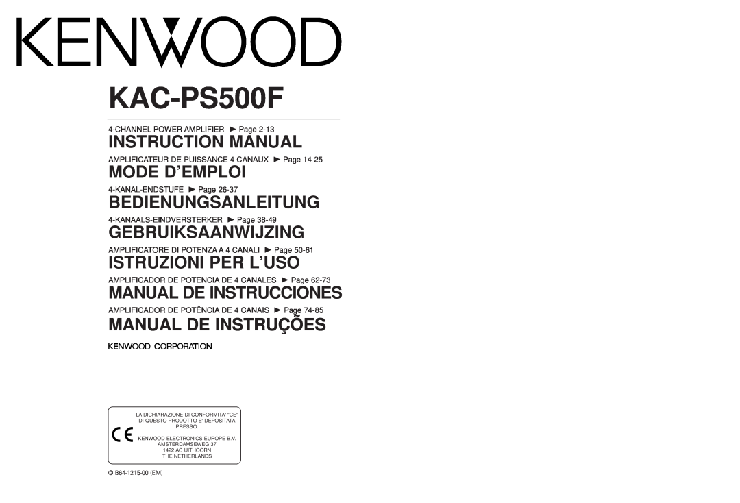 Kenwood KAC-PS500F instruction manual Mode D’Emploi, Bedienungsanleitung, Gebruiksaanwijzing, Istruzioni Per L’Uso 