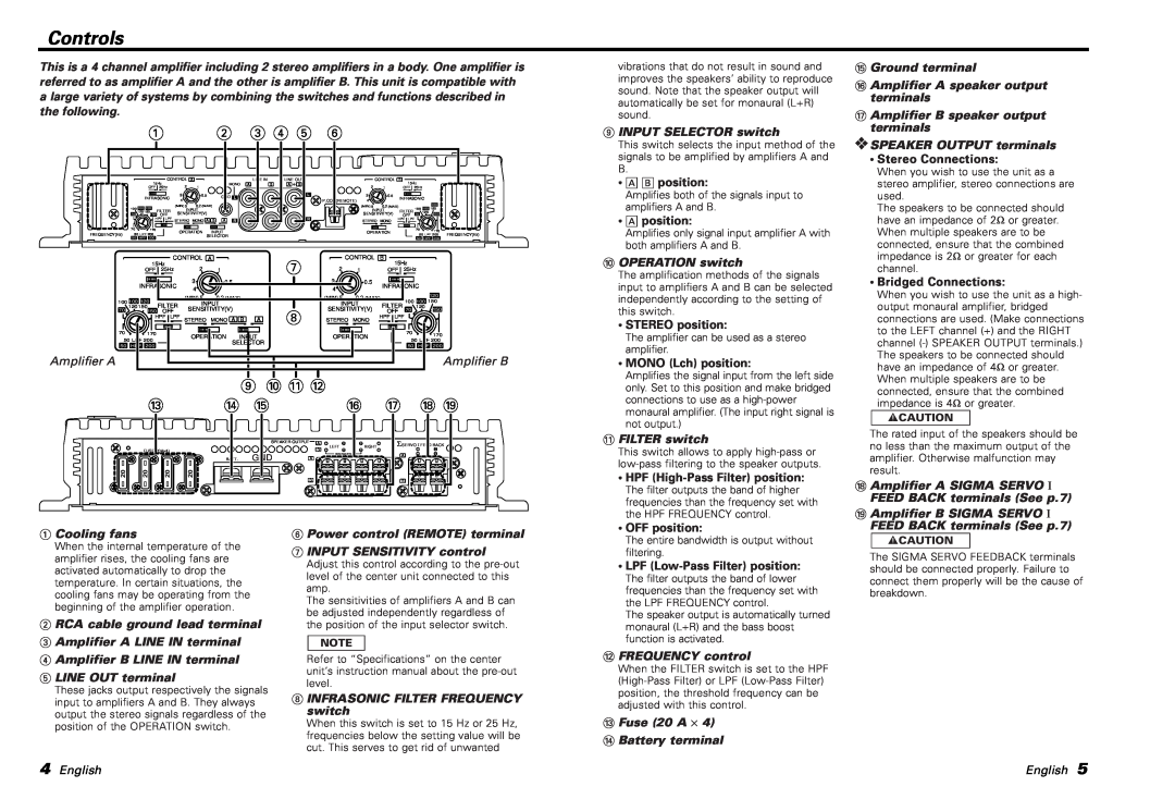 Kenwood KAC-PS500F instruction manual Controls, Amplifier A, Amplifier B, English, 9 0 ! @ 