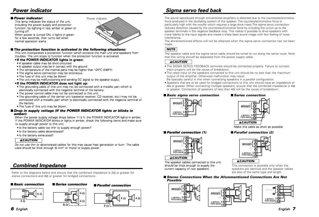 Kenwood KAC-PS500F instruction manual Power indicator, Sigma servo feed back, Combined Impedance, English 