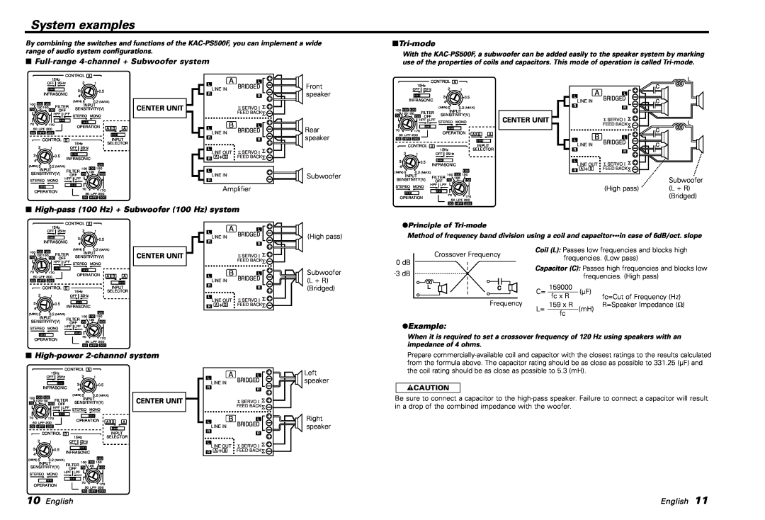 Kenwood KAC-PS500F instruction manual System examples, English, Center Unit, Principle of Tri-mode, 2CAUTION 