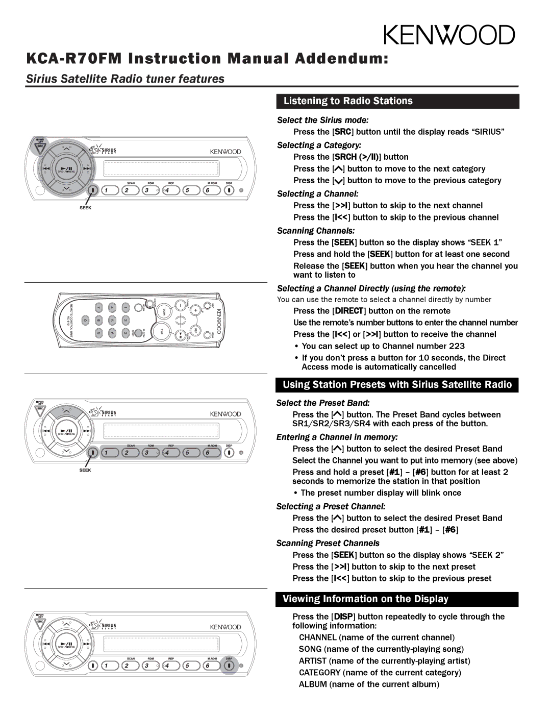 Kenwood KCA-R70FM instruction manual Sirius Satellite Radio tuner features, Listening to Radio Stations 