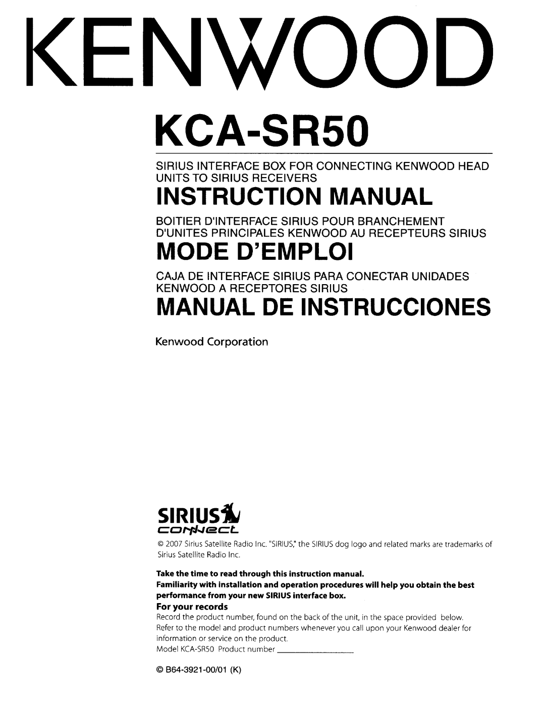 Kenwood KCA-SR50 instruction manual 