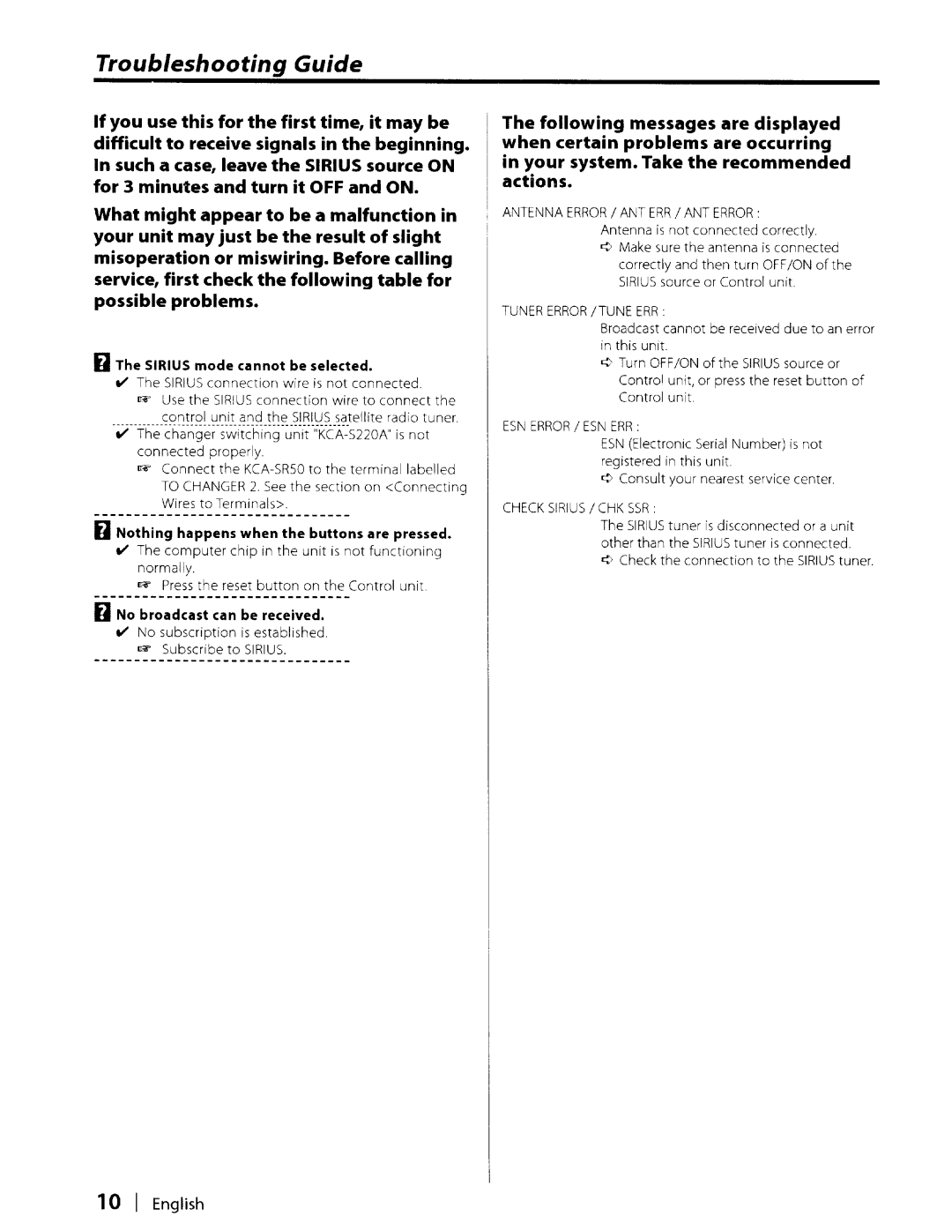 Kenwood KCA-SR50 instruction manual Troubleshooting Guide 