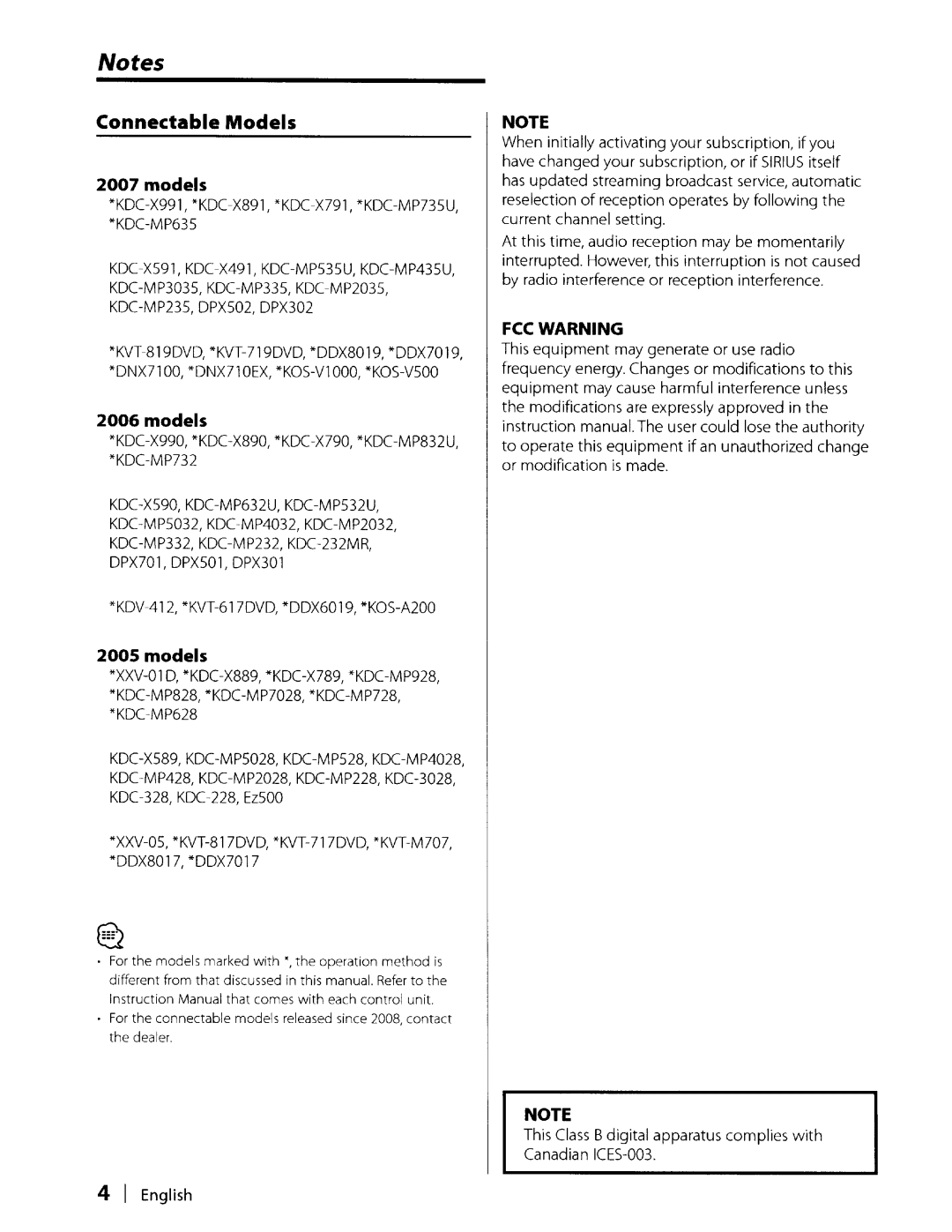 Kenwood KCA-SR50 instruction manual Connectable Models 