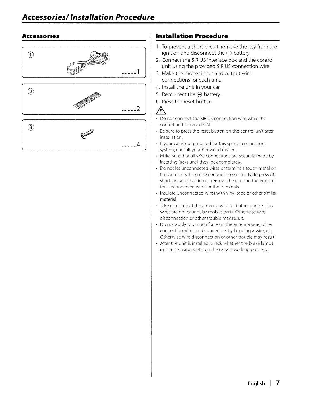 Kenwood KCA-SR50 instruction manual Accessories/ Installation Procedure, Accessories Installation Procedure 