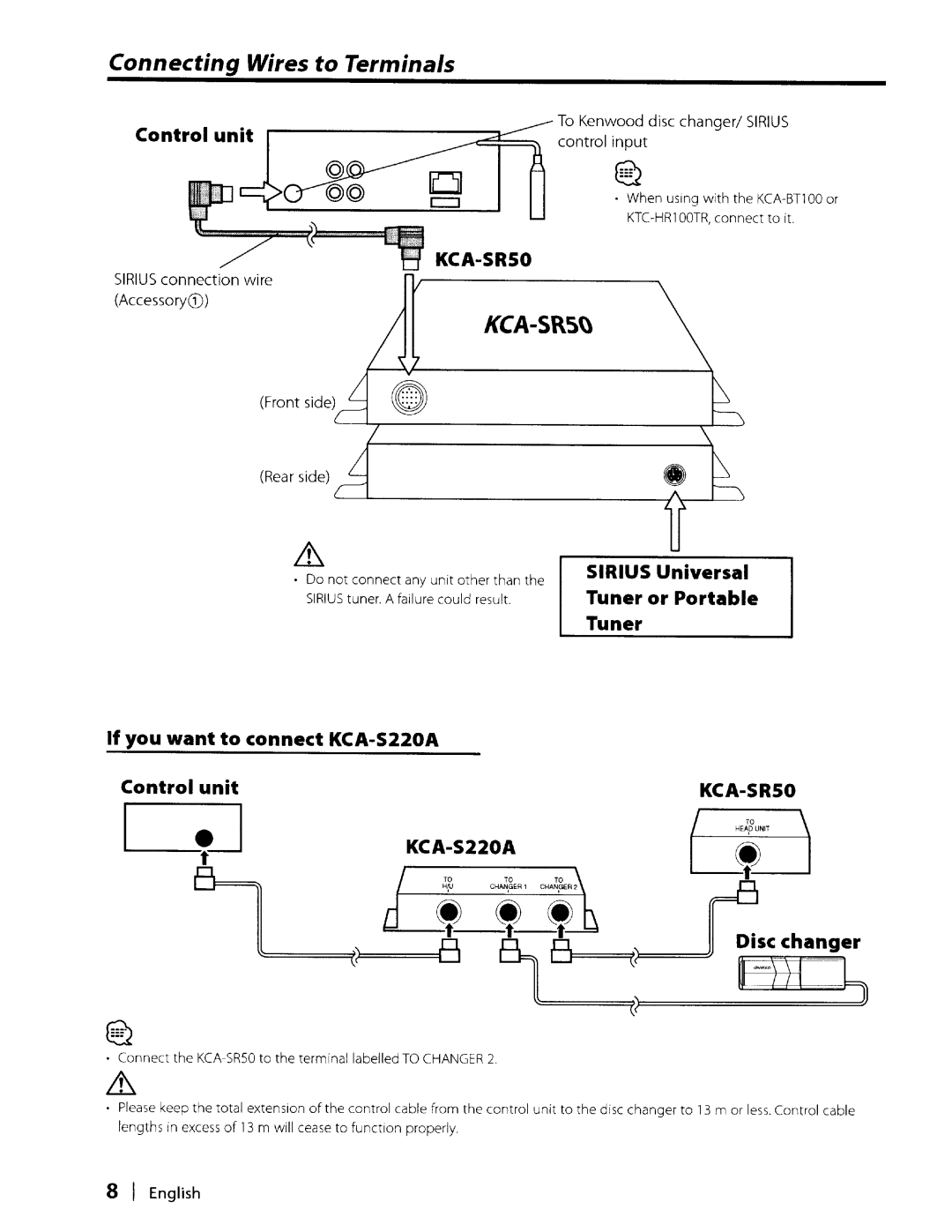 Kenwood KCA-SR50 instruction manual Connecting Wires to Terminals, Control unit, Sirius Universal, Disc changer 