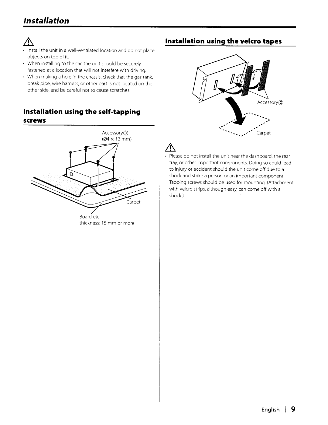 Kenwood KCA-SR50 instruction manual Installation using the velcro tapes 