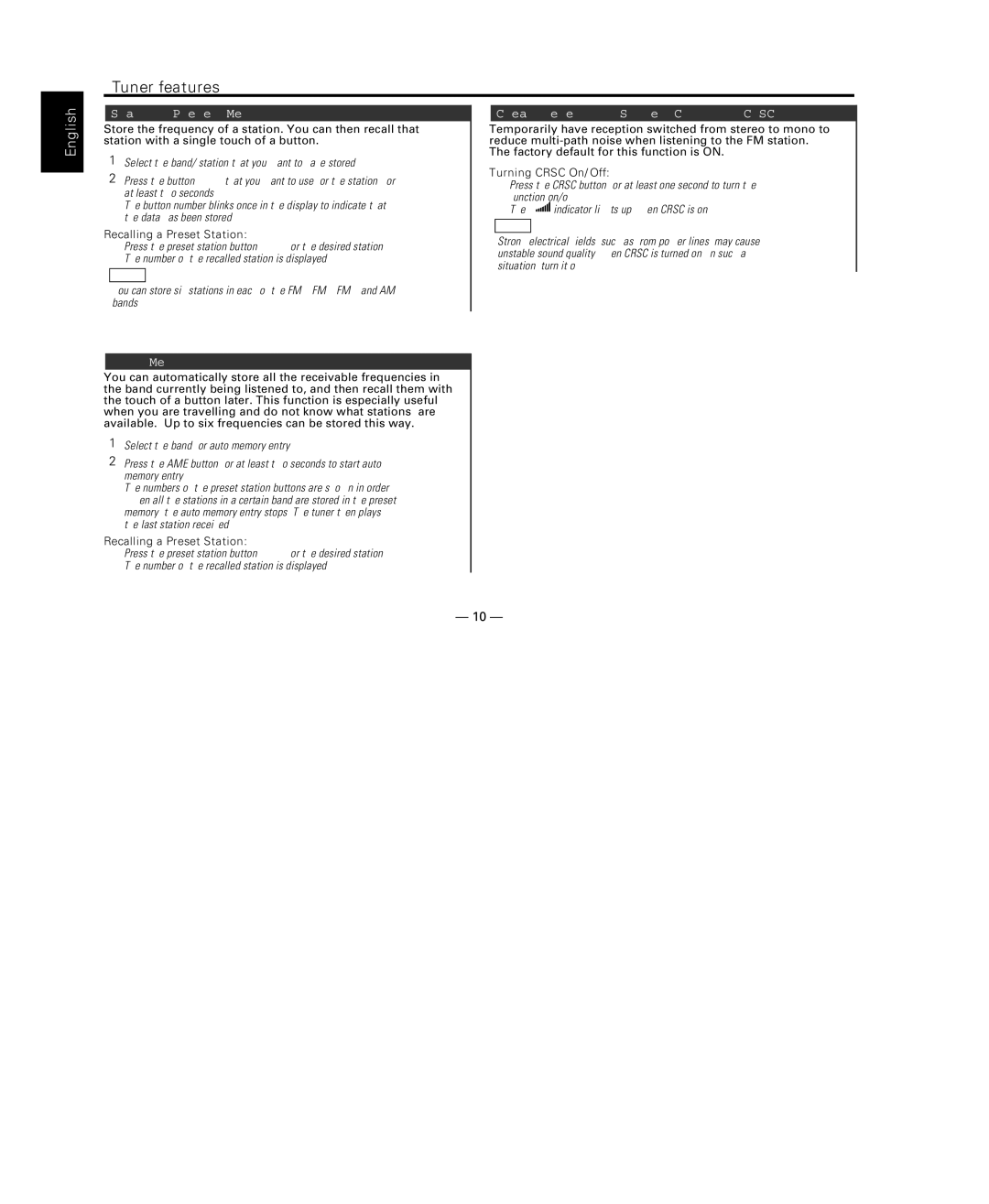 Kenwood KDC-115S Station Preset Memory, Clean Reception System Circuit Crsc, Auto Memory Entry, Recalling a Preset Station 