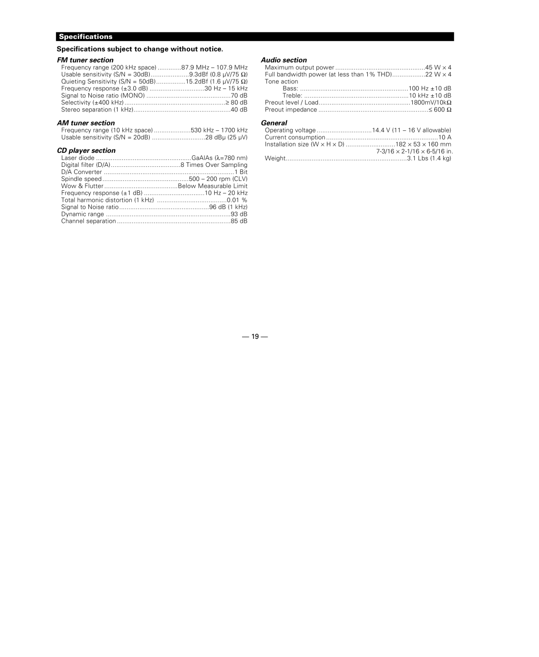 Kenwood KDC-115S instruction manual Specifications, AM tuner section, CD player section, Audio section, General 