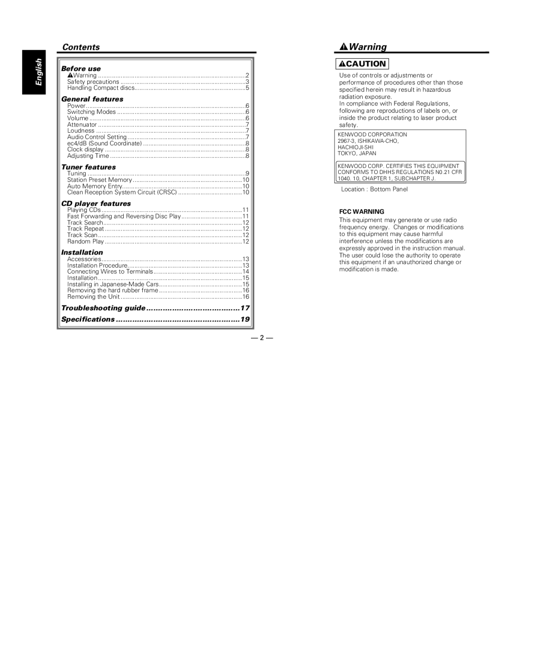 Kenwood KDC-115S instruction manual 2Warning, Contents 