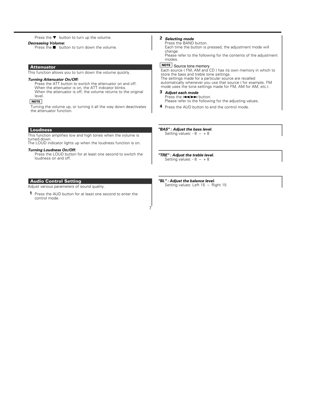 Kenwood KDC-115S instruction manual Attenuator, Loudness, Audio Control Setting 