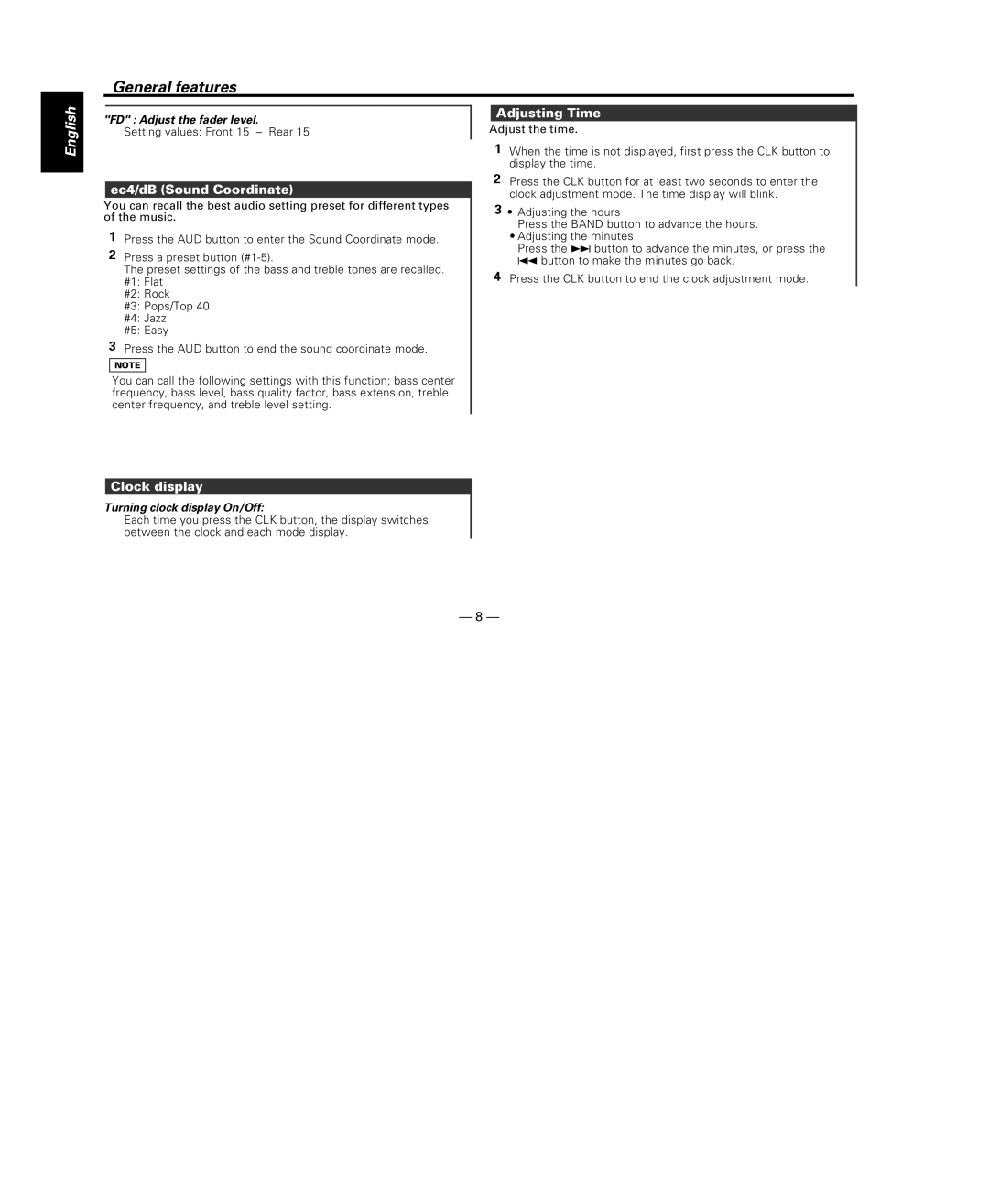 Kenwood KDC-115S instruction manual Ec4/dB Sound Coordinate, Adjusting Time, Clock display, FD Adjust the fader level 