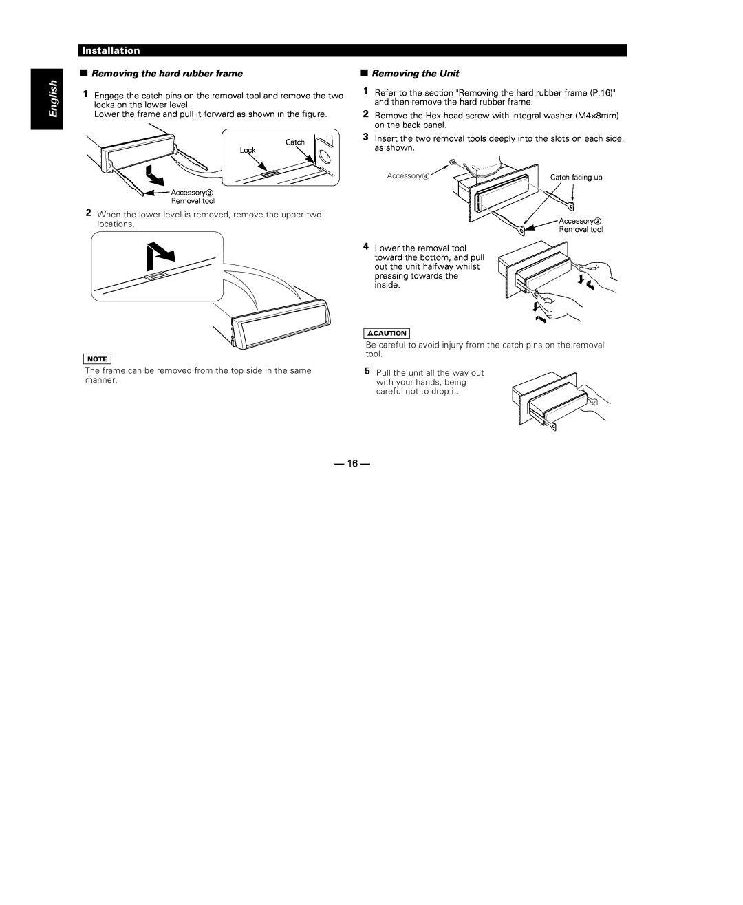 Kenwood KDC-115S instruction manual Removing the hard rubber frame, Removing the Unit, English, Installation 