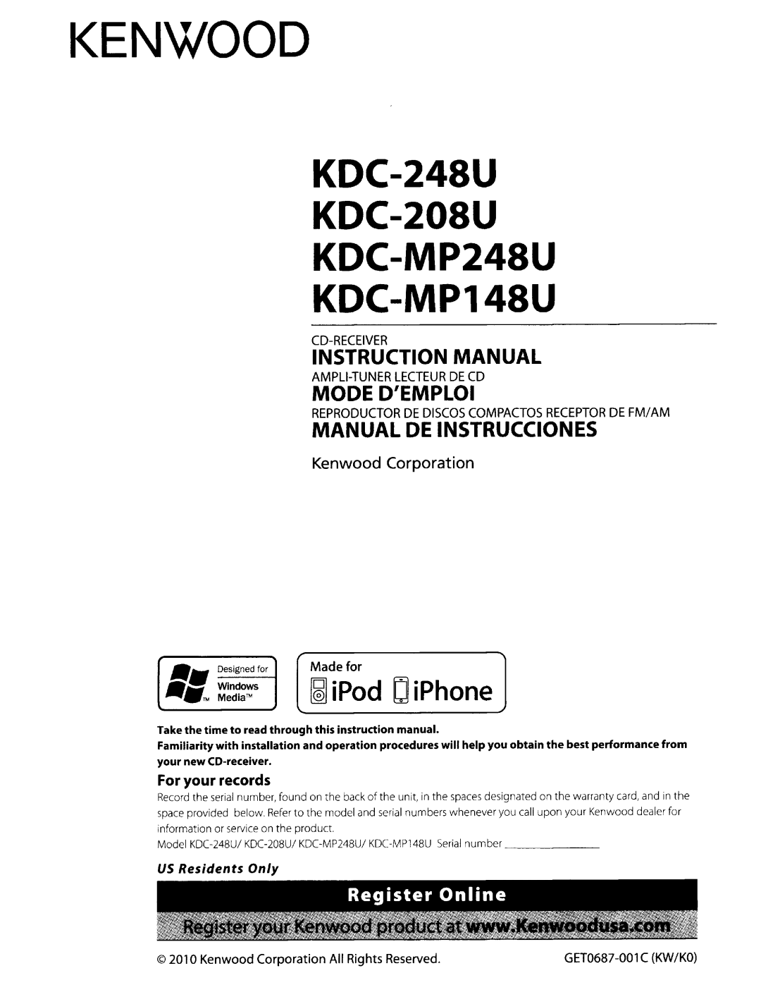 Kenwood KDC-248U instruction manual Kenwood 