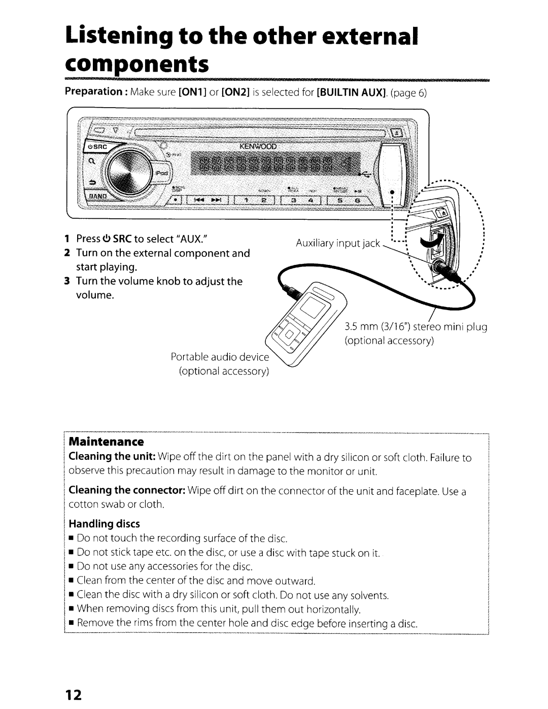 Kenwood KDC-248U instruction manual Listening to the other external components, Maintenance 