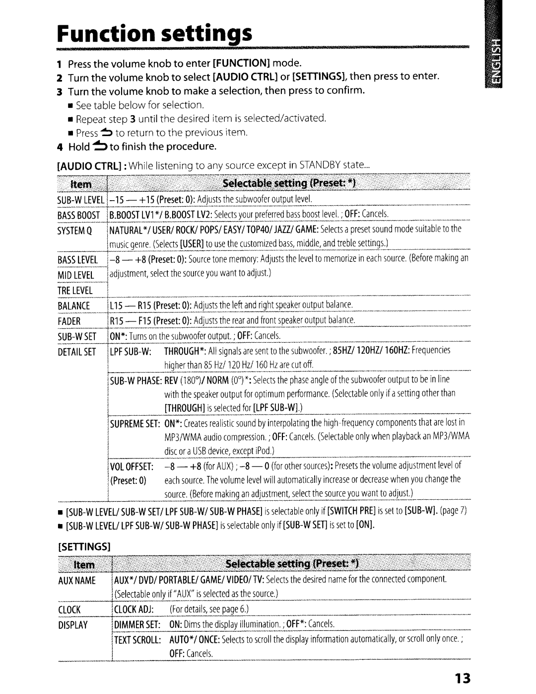 Kenwood KDC-248U instruction manual Function settings 