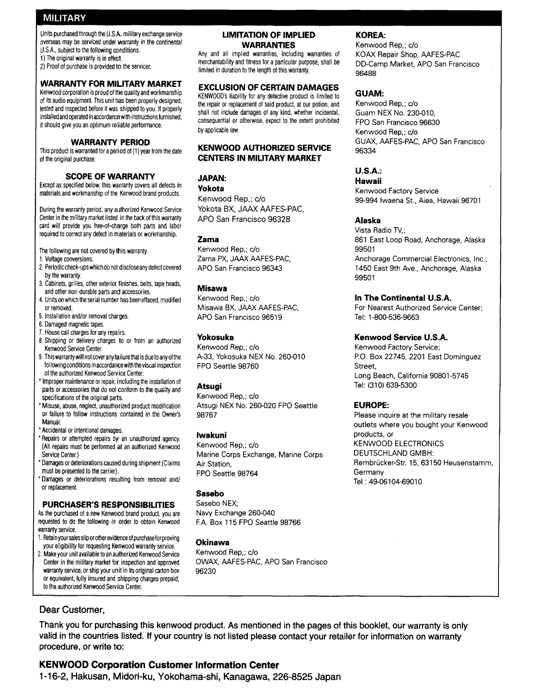 Kenwood KDC-248U instruction manual Dear Customer, Military 