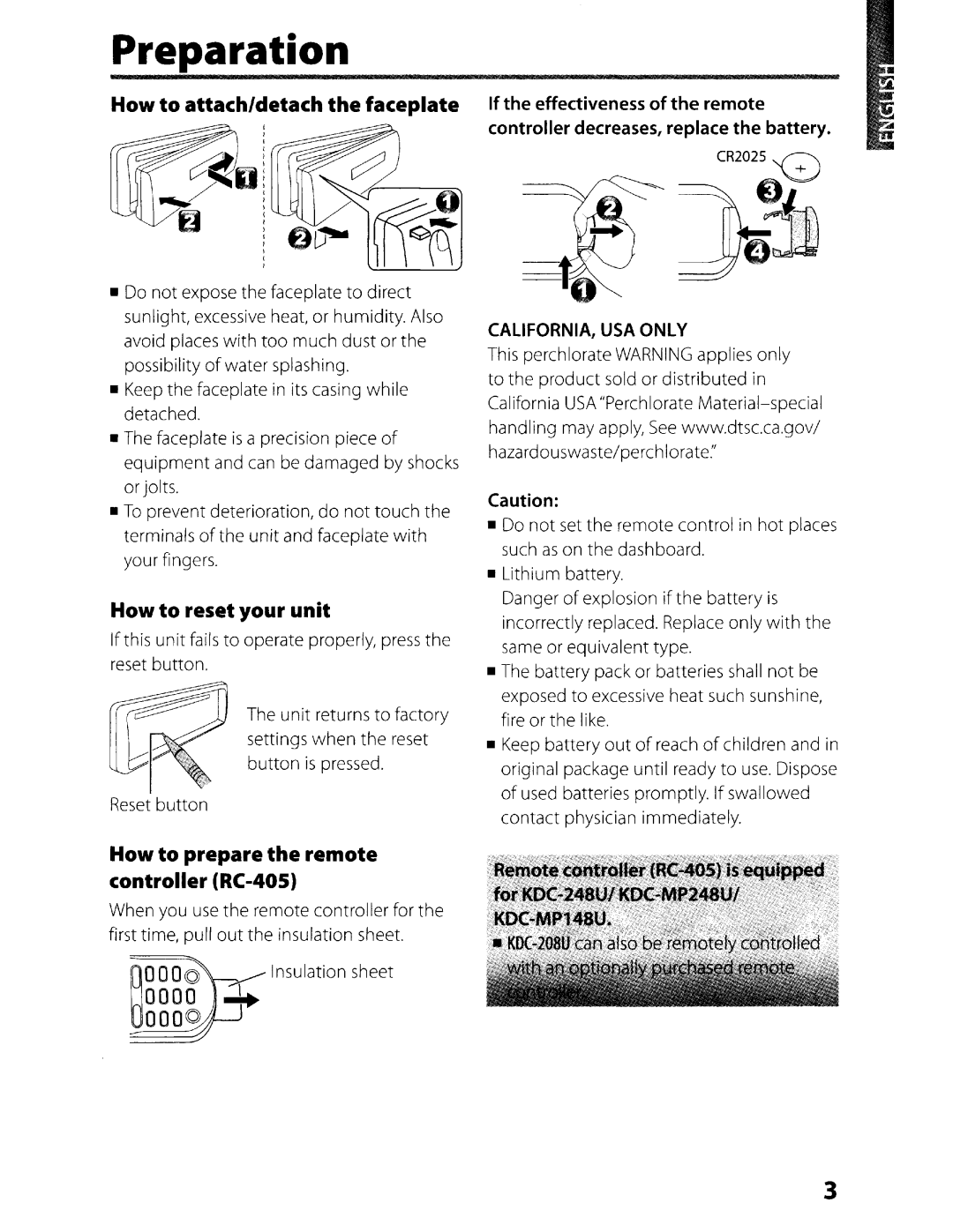 Kenwood KDC-248U instruction manual Preparation, How to attach/detach the faceplate, How to reset your unit 