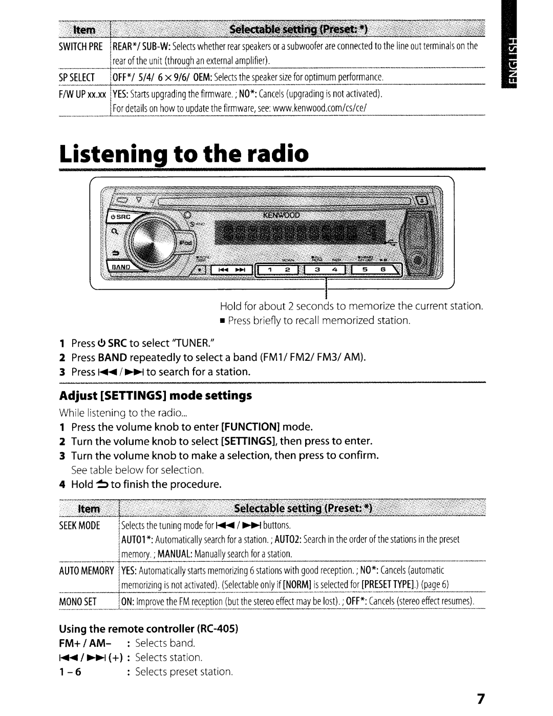 Kenwood KDC-248U Listening to the radio, Adjust Settings mode settings, Selects the tuning mode for ~ I ~ buttons 