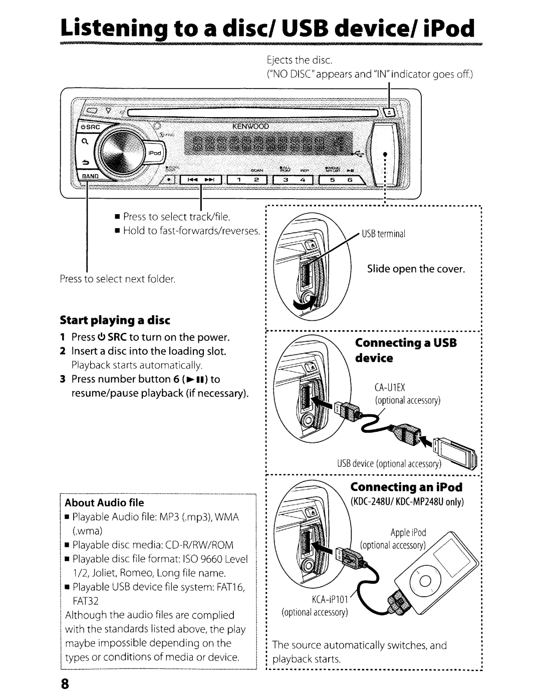 Kenwood instruction manual USB terminal, Optional accessory, IAbout Audio file, KDC-248U/ KDC-MP248U only 