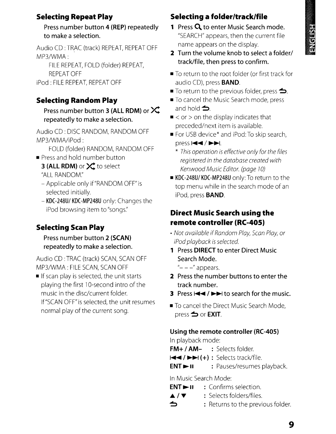 Kenwood KDC-248U Selecting Repeat Play, Selecting Random Play, Selecting Scan Play, Selecting a folder/tracklfile 