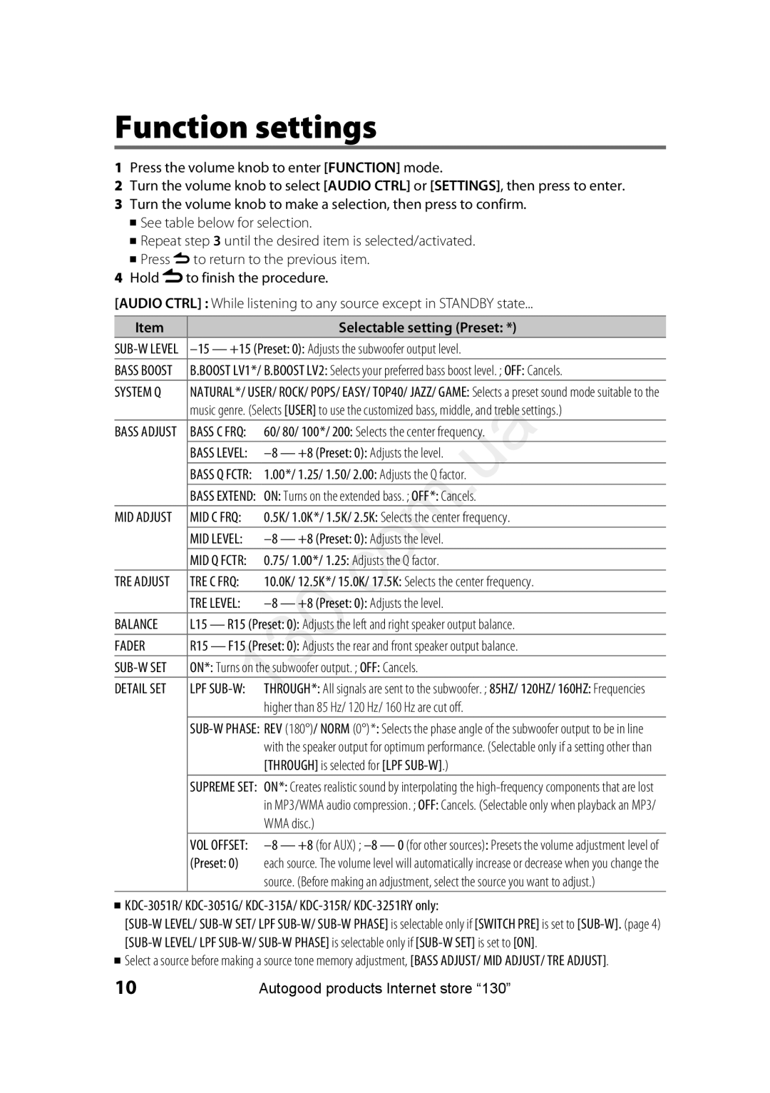 Kenwood KDC-315A, KDC-3051RY, KDC-315R, KDC-3251RY, KDC-3051GY instruction manual Function settings 