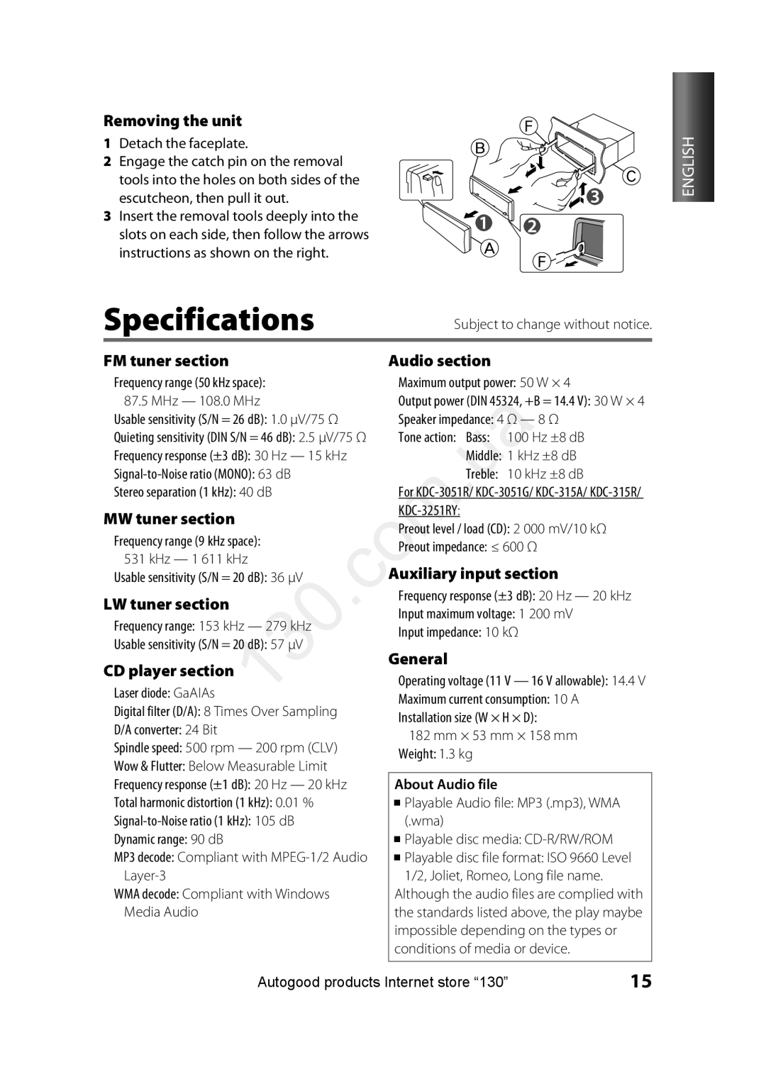 Kenwood KDC-3051RY, KDC-315R, KDC-315A, KDC-3251RY, KDC-3051GY instruction manual Specifications 