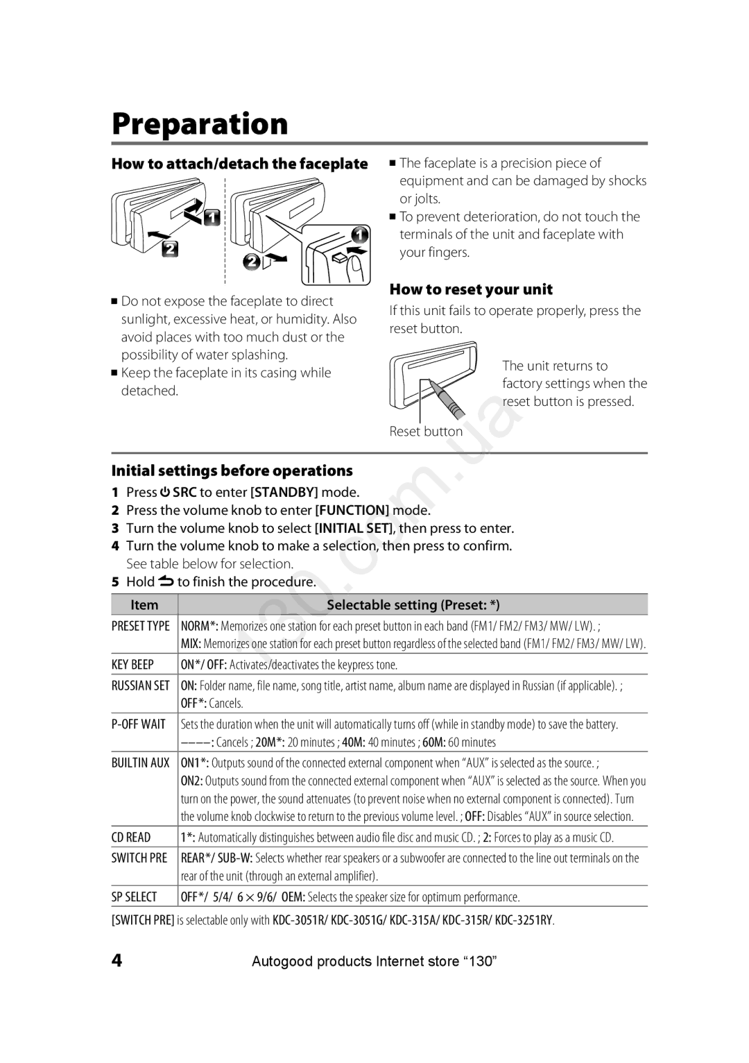 Kenwood KDC-3251RY Preparation, How to attach/detach the faceplate, How to reset your unit, Selectable setting Preset 