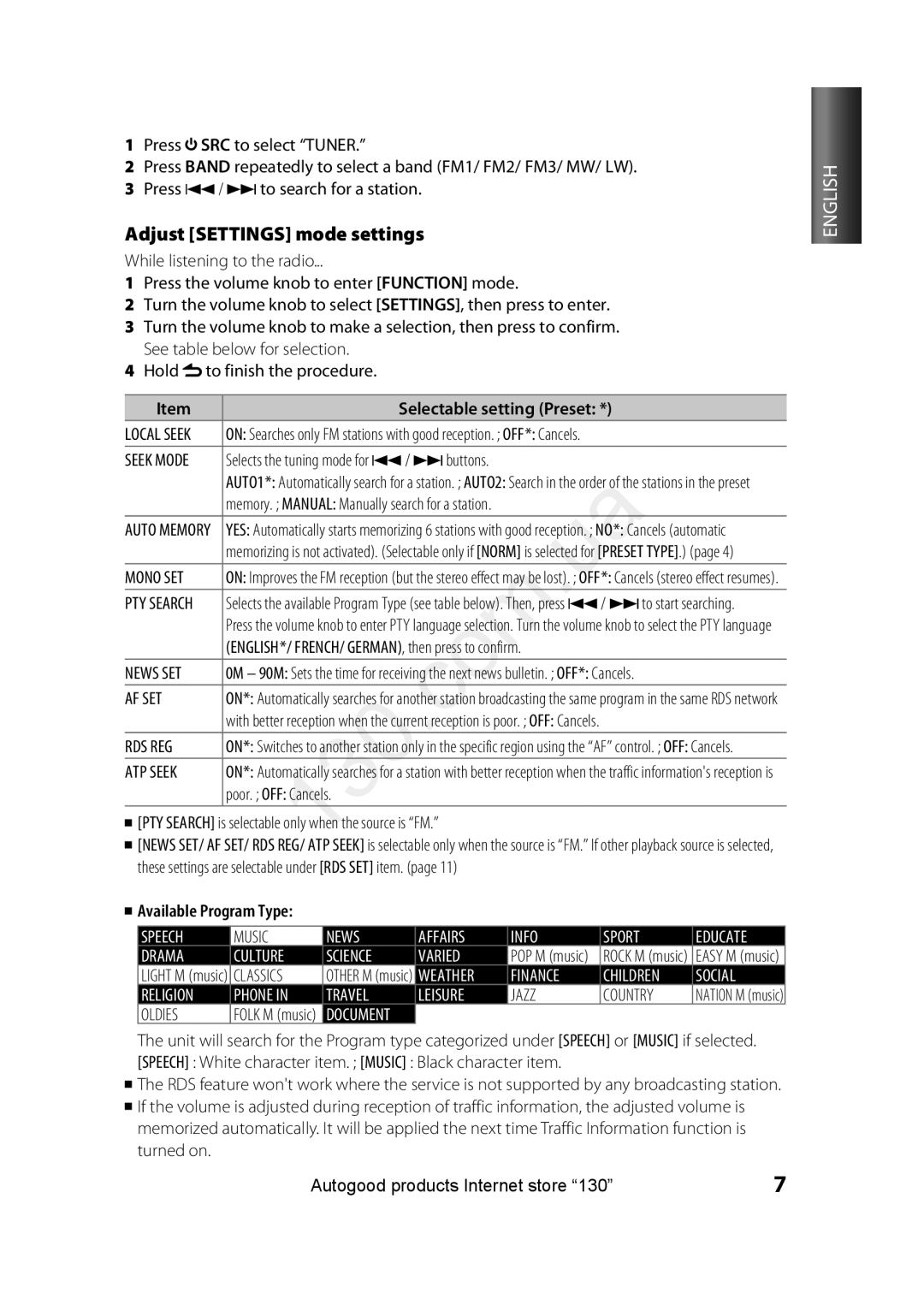 Kenwood KDC-3051RY, KDC-315R, KDC-315A, KDC-3251RY, KDC-3051G Adjust Settings mode settings, Available Program Type 