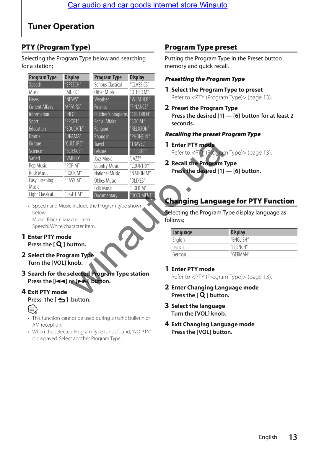 Kenwood KDC-314A user manual Tuner Operation, PTY Program Type, Program Type preset, Changing Language for PTY Function 