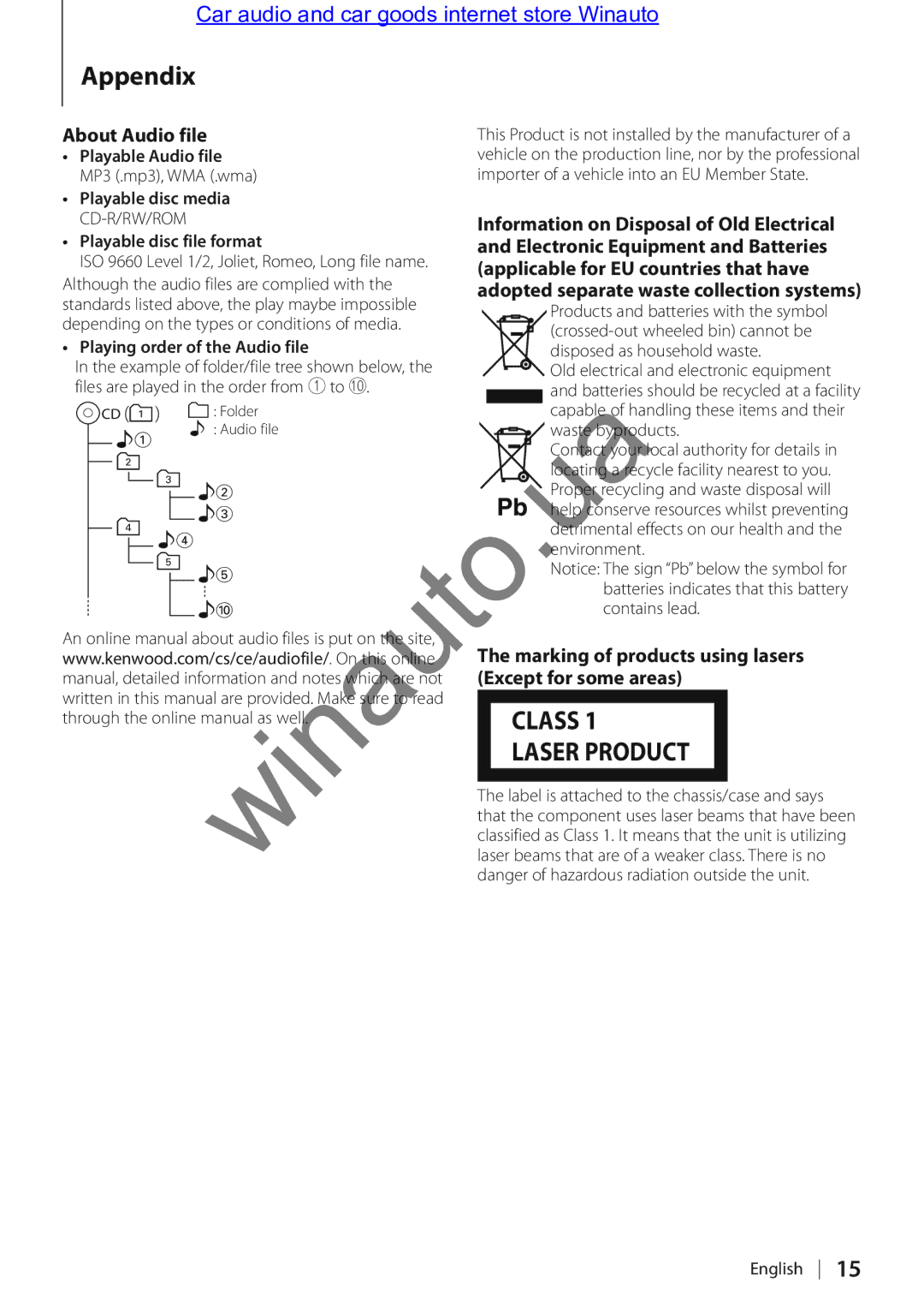 Kenwood KDC-314A user manual Appendix, About Audio file, Marking of products using lasers Except for some areas 