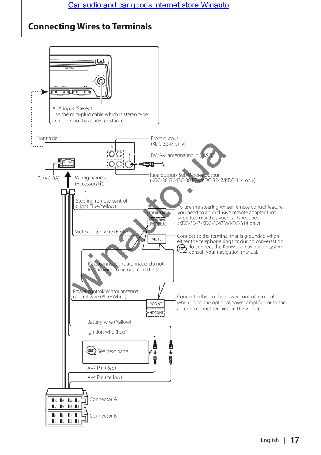 Kenwood KDC-314A user manual Connecting Wires to Terminals 