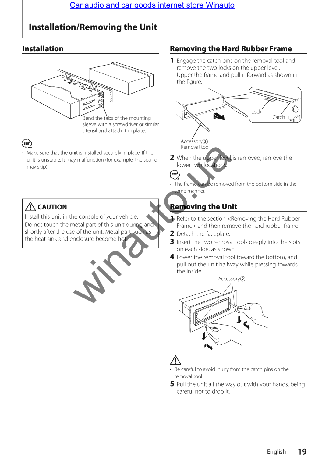 Kenwood KDC-314A user manual Installation/Removing the Unit, Installation Removing the Hard Rubber Frame, Rem ving the Unit 