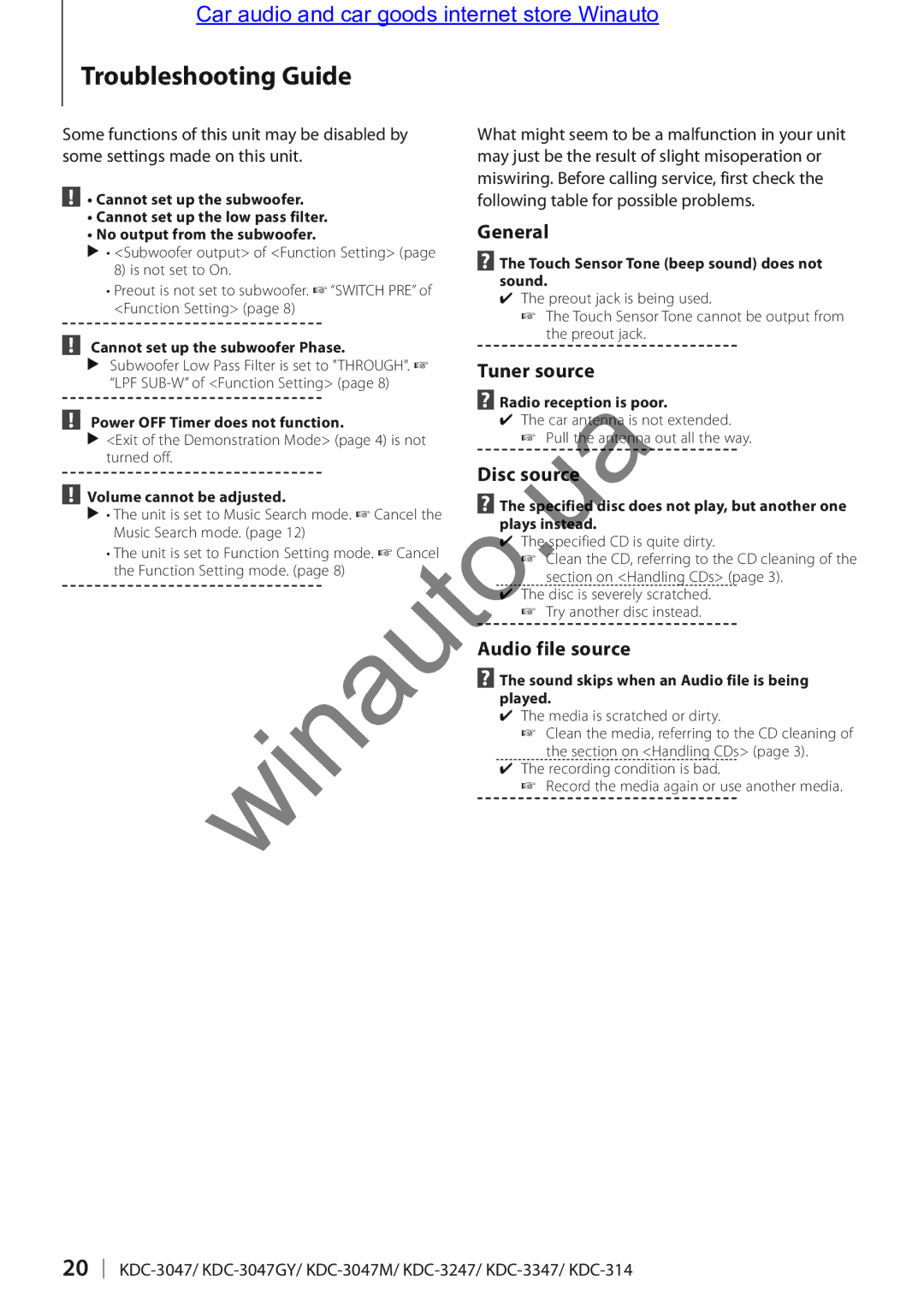 Kenwood KDC-314A user manual Troubleshooting Guide, General, Tuner source, Disc so rce, Audio file source 