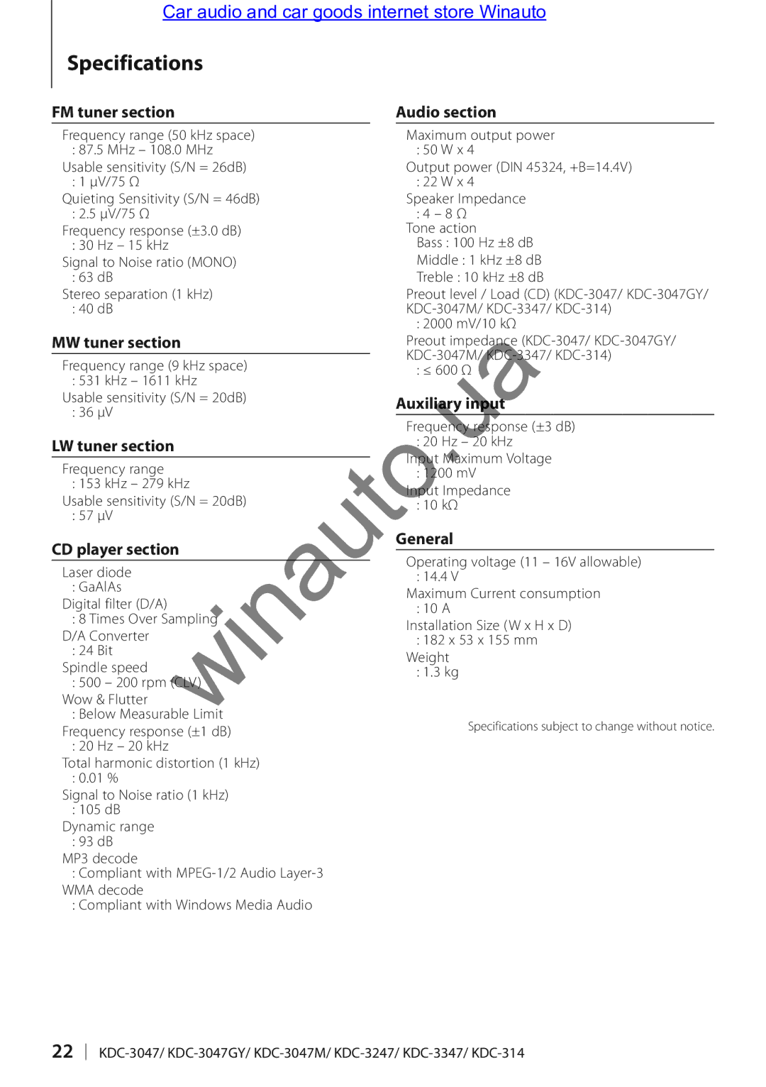 Kenwood KDC-314A user manual Specifications 