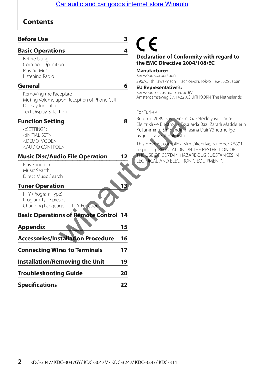 Kenwood KDC-314A user manual Contents 