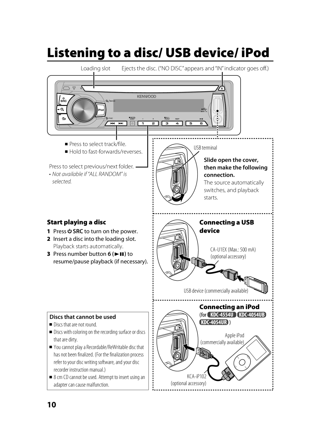 Kenwood KDC-3254URY, KDC-316UR Listening to a disc/ USB device/ iPod, Start playing a disc, Connecting a USB device 