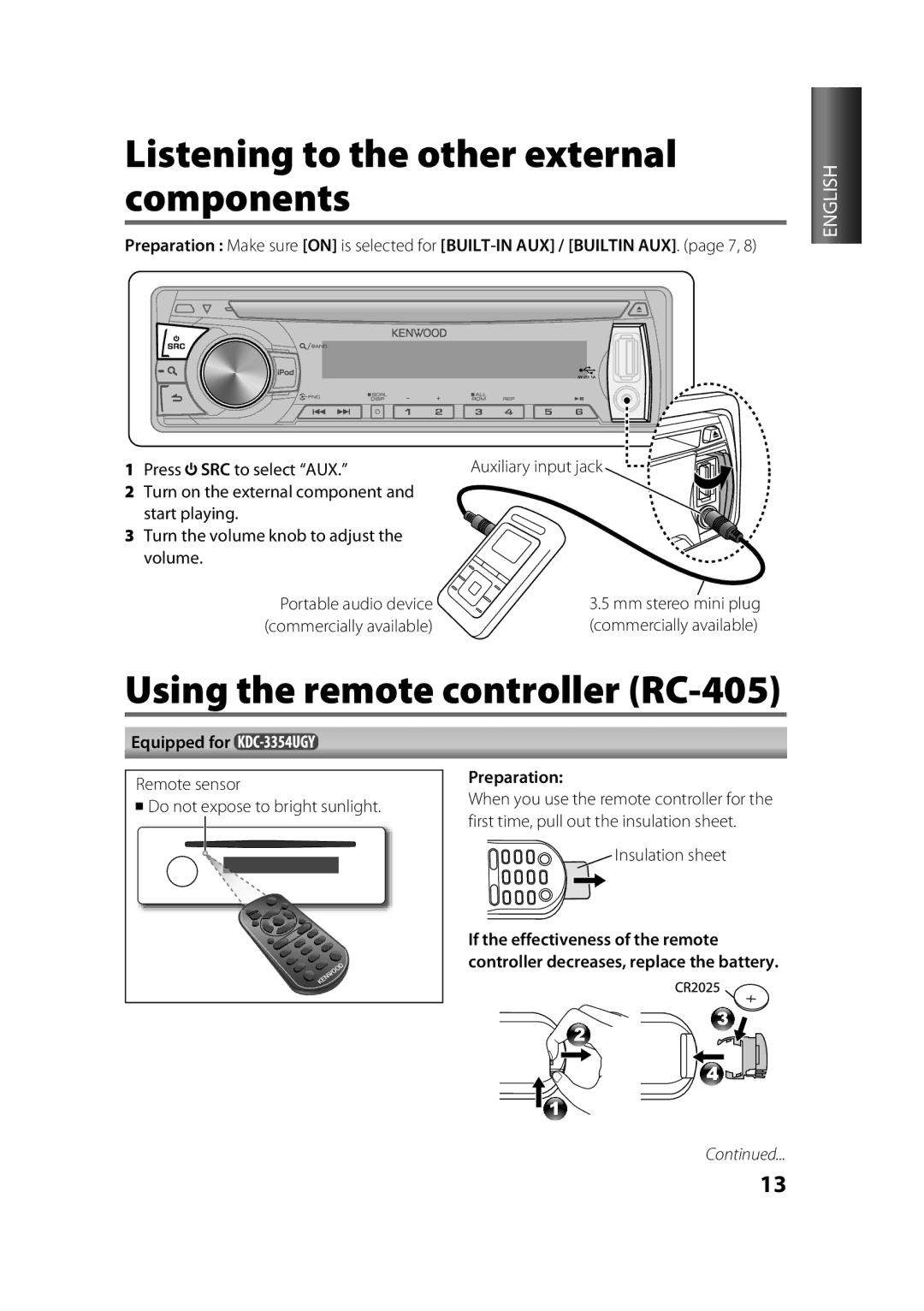 Kenwood KDC-3454UQ, KDC-316UR Listening to the other external components, Using the remote controller RC-405, Preparation 