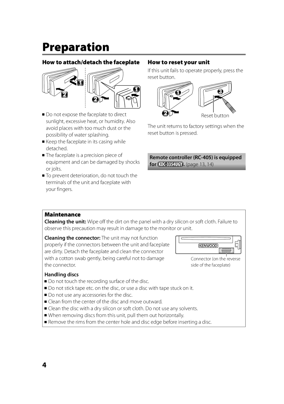 Kenwood KDC-3054UR, KDC-3254URY Preparation, How to attach/detach the faceplate, How to reset your unit, Maintenance 