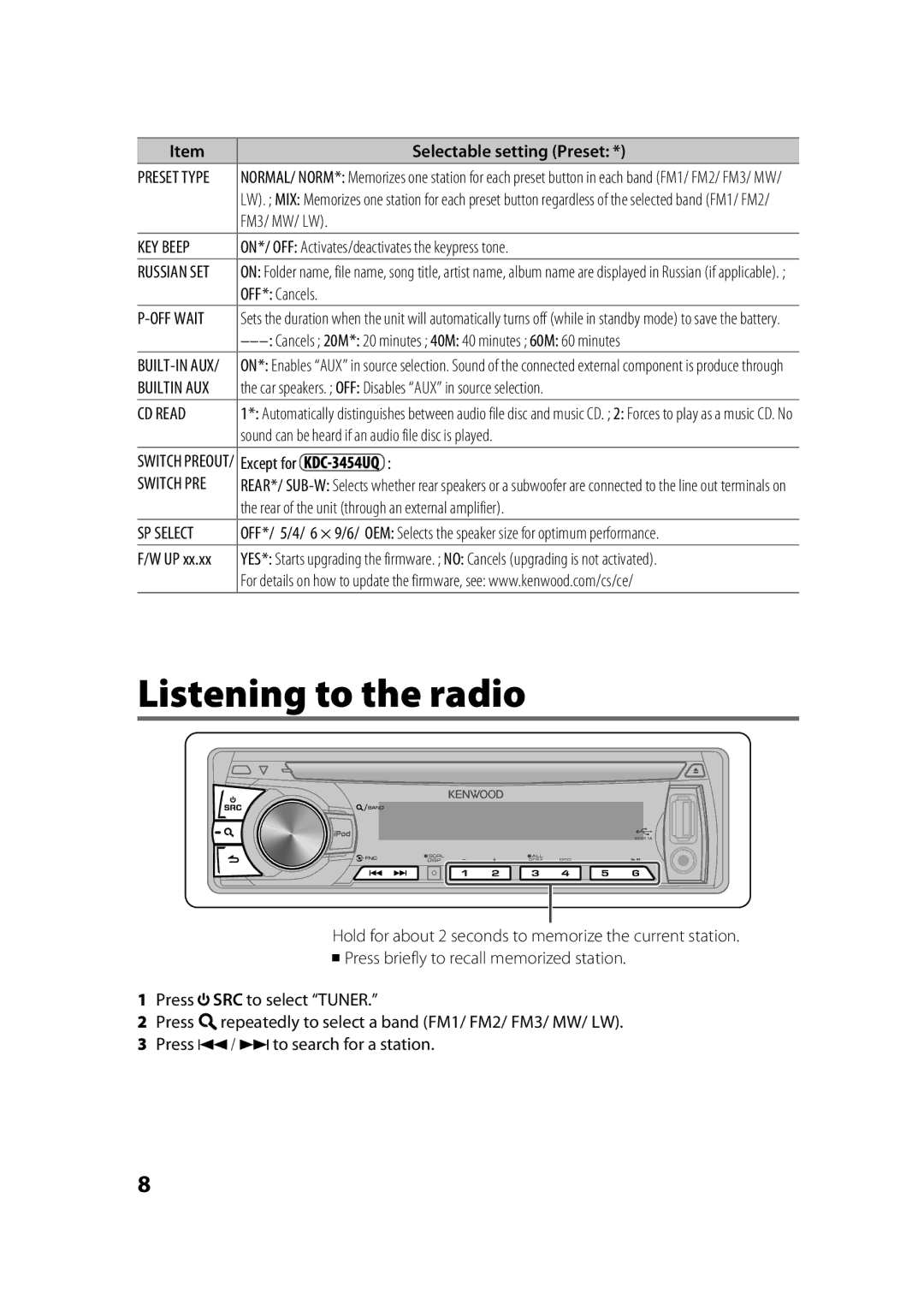 Kenwood KDC-4054UB, KDC-3254URY, KDC-316UR, KDC-3054URY, KDC-3454UQ Listening to the radio, Selectable setting Preset 