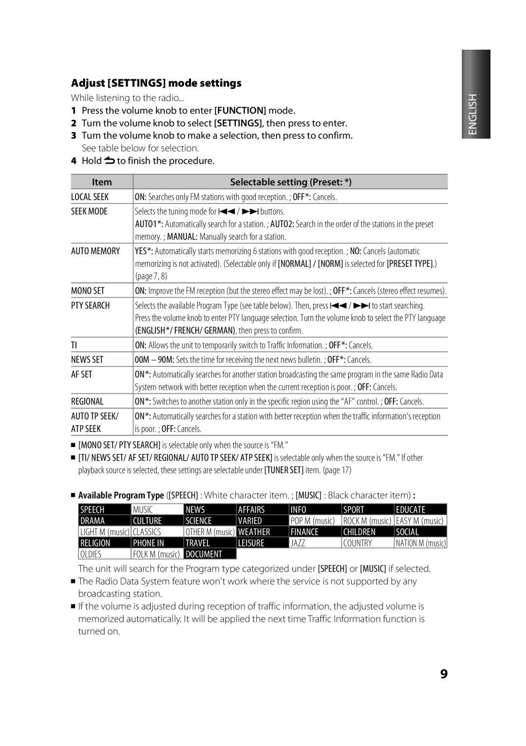 Kenwood KDC-4054UR, KDC-3254URY, KDC-316UR, KDC-3054URY, KDC-3454UQ, KDC-3354UGY, KDC-3054UG Adjust Settings mode settings 