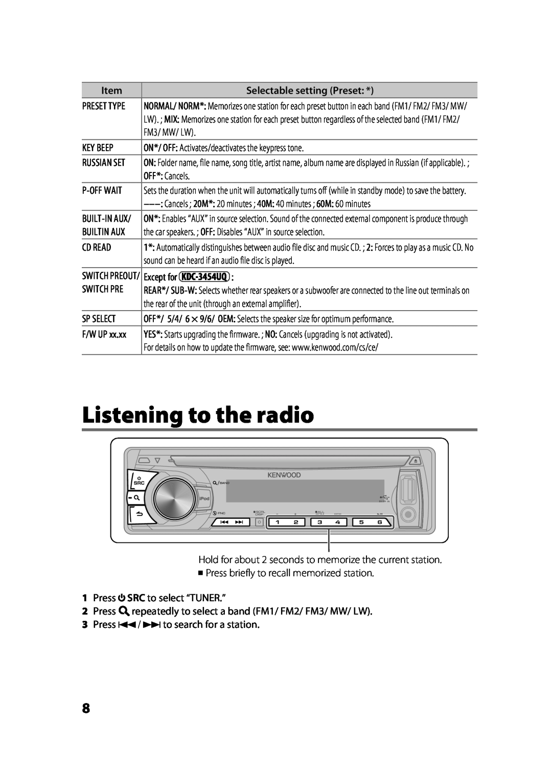 Kenwood KDC-4054UB, KDC-3254URY, KDC-316UR, KDC-3054URY, KDC-3454UQ Listening to the radio, Selectable setting Preset 