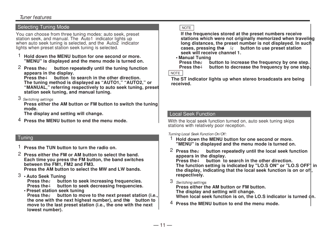 Kenwood KDC-4060RA, KDC-4060RG instruction manual Tuner features See, Selecting Tuning Mode, Local Seek Function 