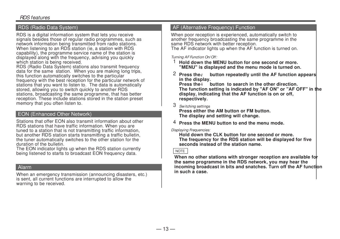 Kenwood KDC-4060RA, KDC-4060RG instruction manual RDS features See, RDS Radio Data System, EON Enhanced Other Network, Alarm 