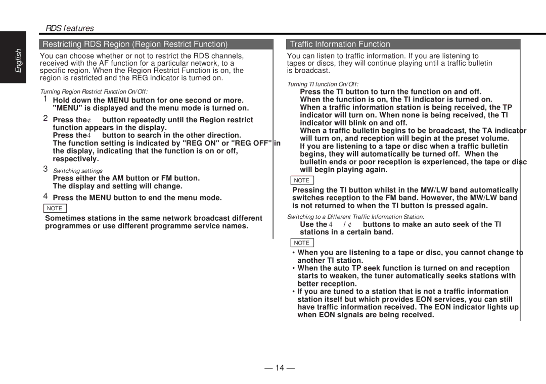 Kenwood KDC-4060RG, KDC-4060RA Restricting RDS Region Region Restrict Function, Traffic Information Function 