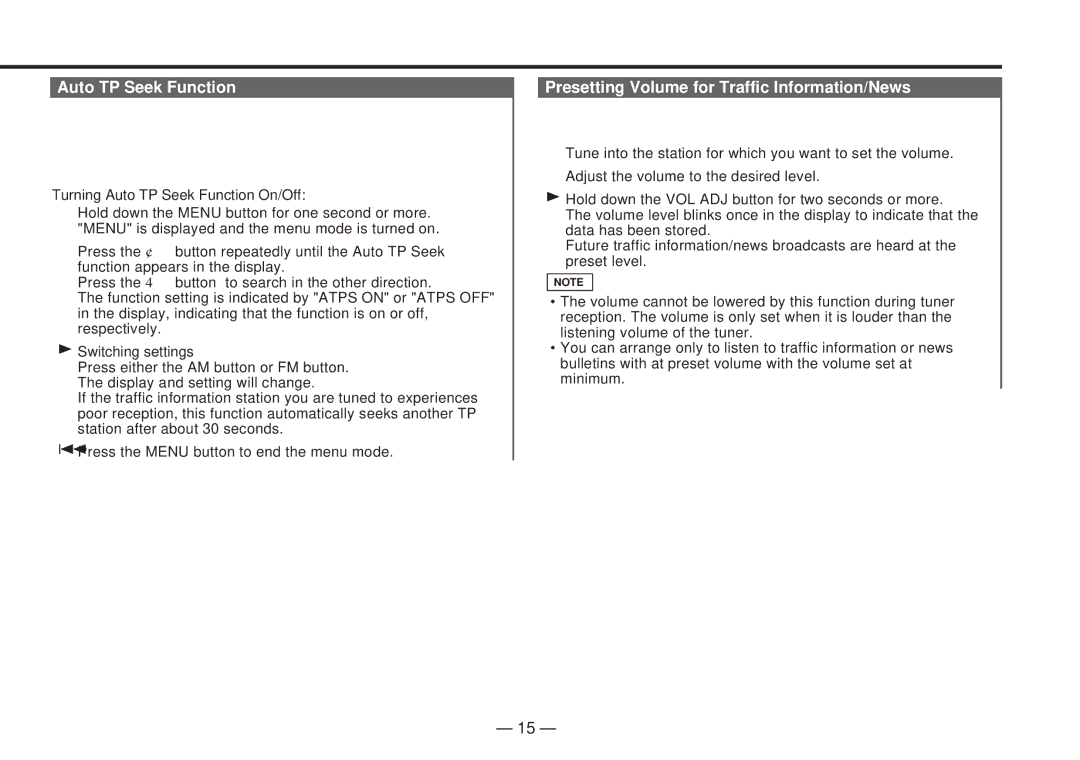 Kenwood KDC-4060RA, KDC-4060RG instruction manual Auto TP Seek Function, Presetting Volume for Traffic Information/News 