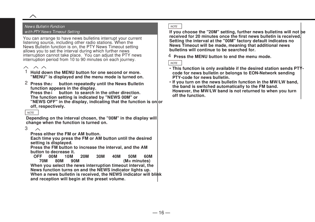 Kenwood KDC-4060RG, KDC-4060RA News Bulletin Function With PTY News Timeout Setting, Turning News Bulletin Function On/Off 