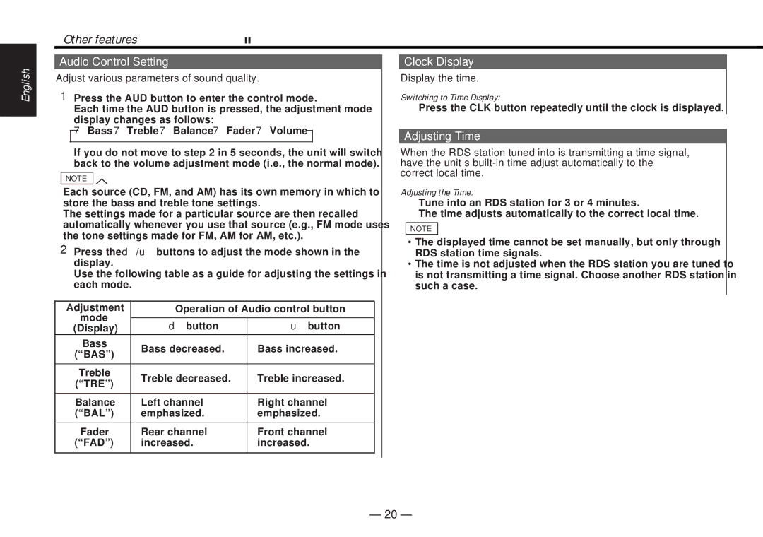 Kenwood KDC-4060RG, KDC-4060RA instruction manual Other features See, Audio Control Setting, Clock Display, Adjusting Time 